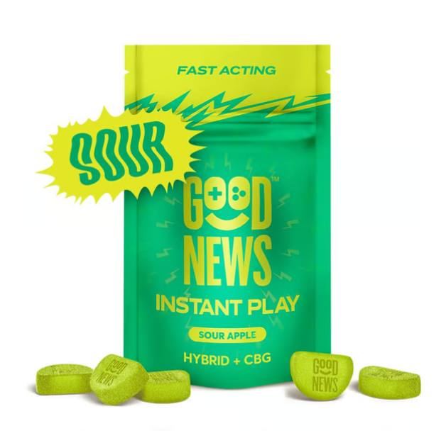 Photograph of product: Ratio Edible - Good News - Instant Play Sour Apple Gummies (H) - 1:2 TH-oui:CBG 100mg (10pk)