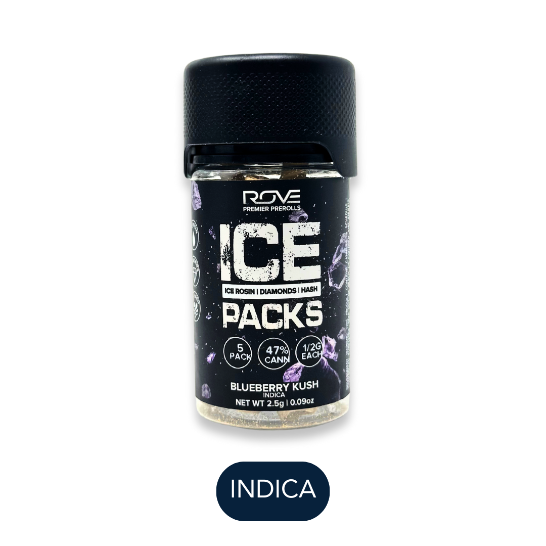 Photograph of product: Rove - Ice Packs - Blueberry Kush I - Infused Preroll Pack - 5pk - 2.5g
