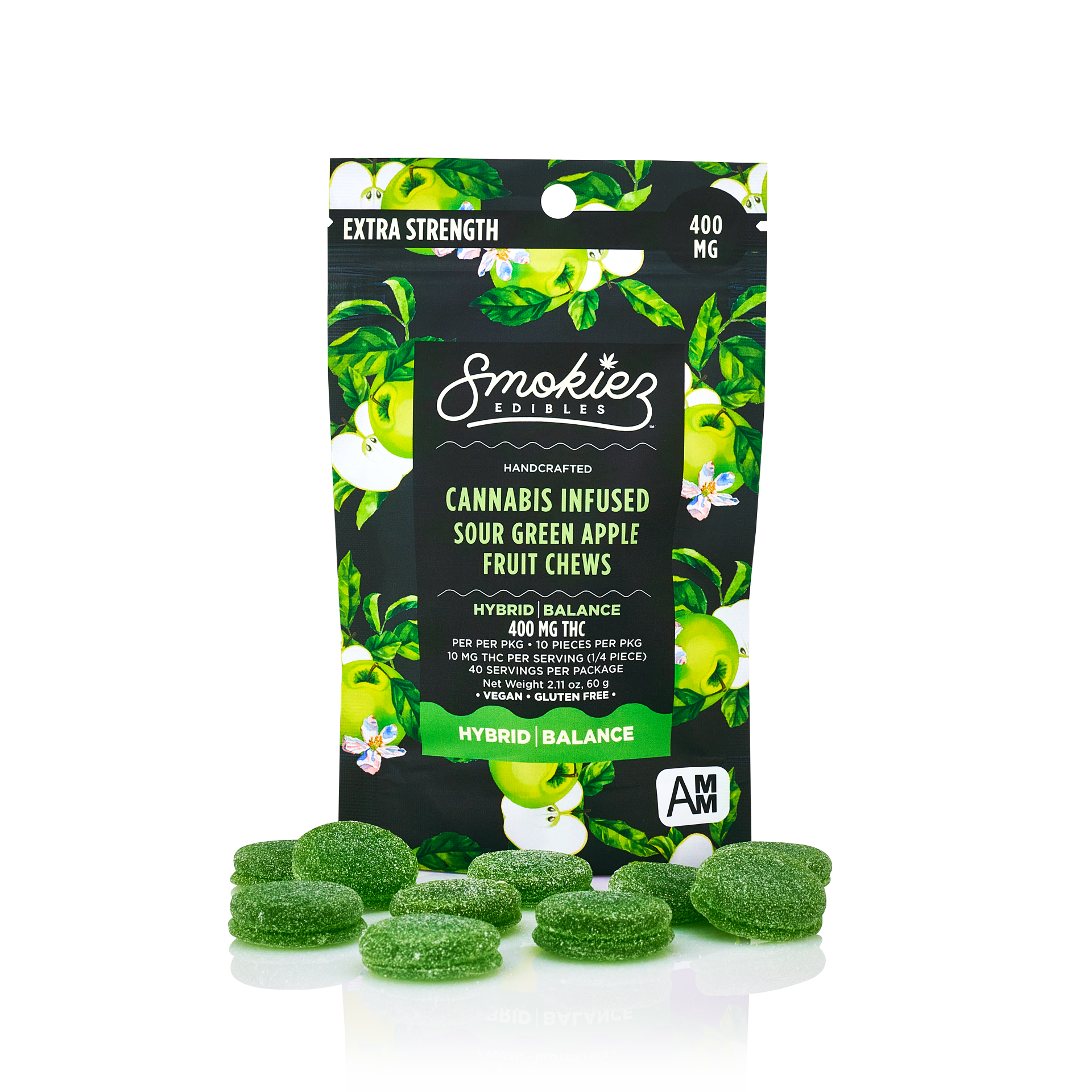 Photograph of product: 400mg Green Apple Gummies Sour - Smokiez