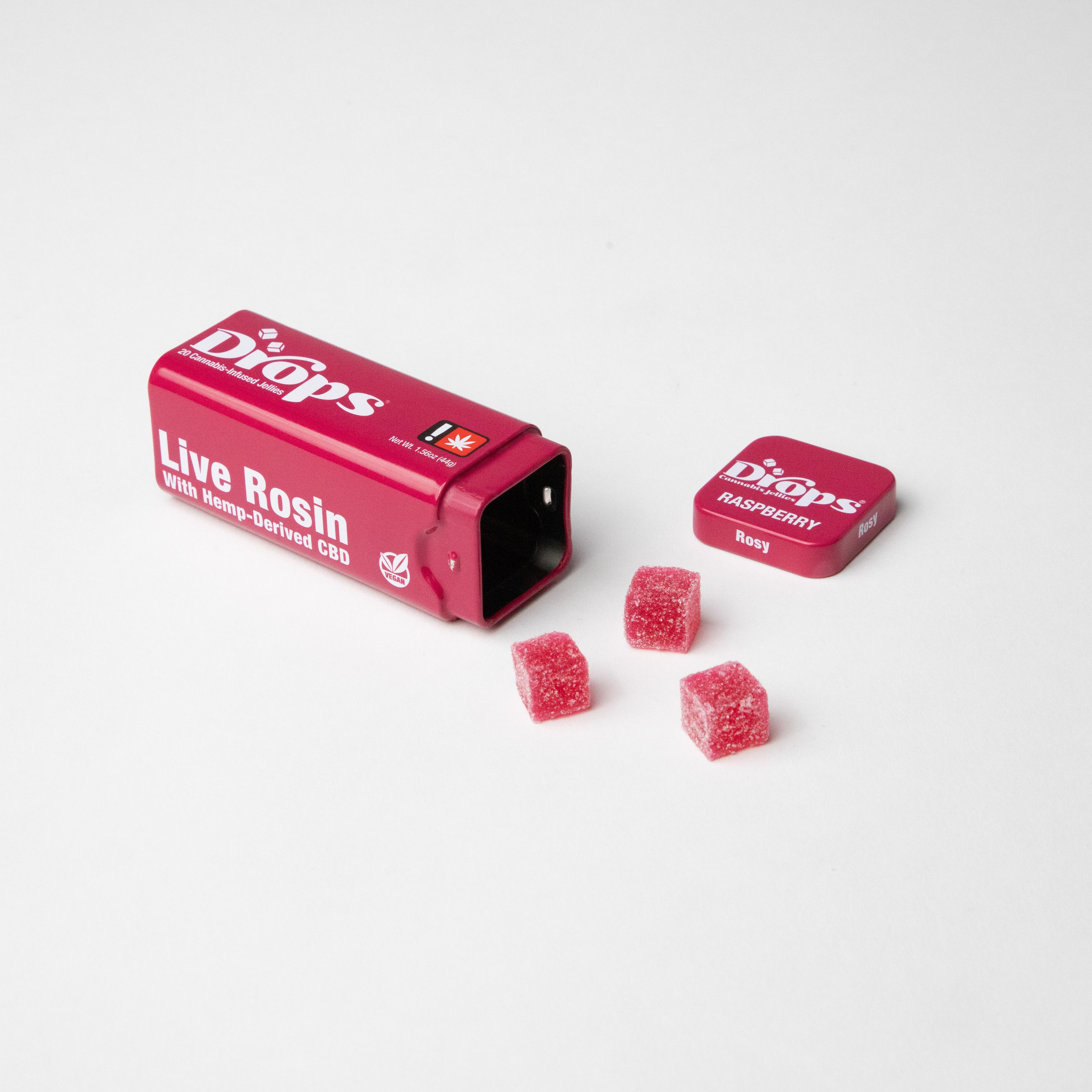 Photograph of product: Gummy - Drops 20pc - - Raspberry CBD 1:2