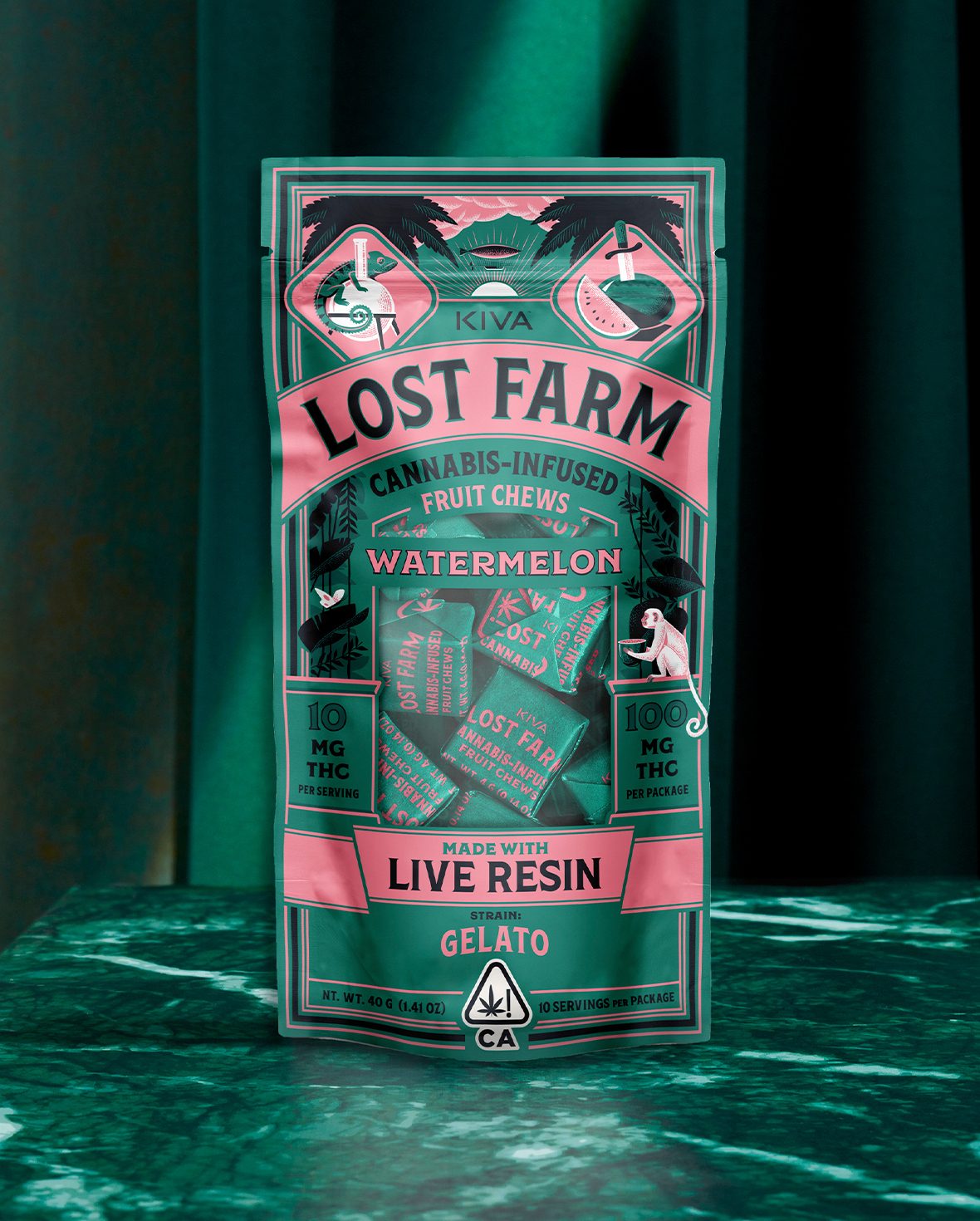 Photograph of product: Kiva Lost Farms Live Resin Chews 100mg Watermelon Gelato