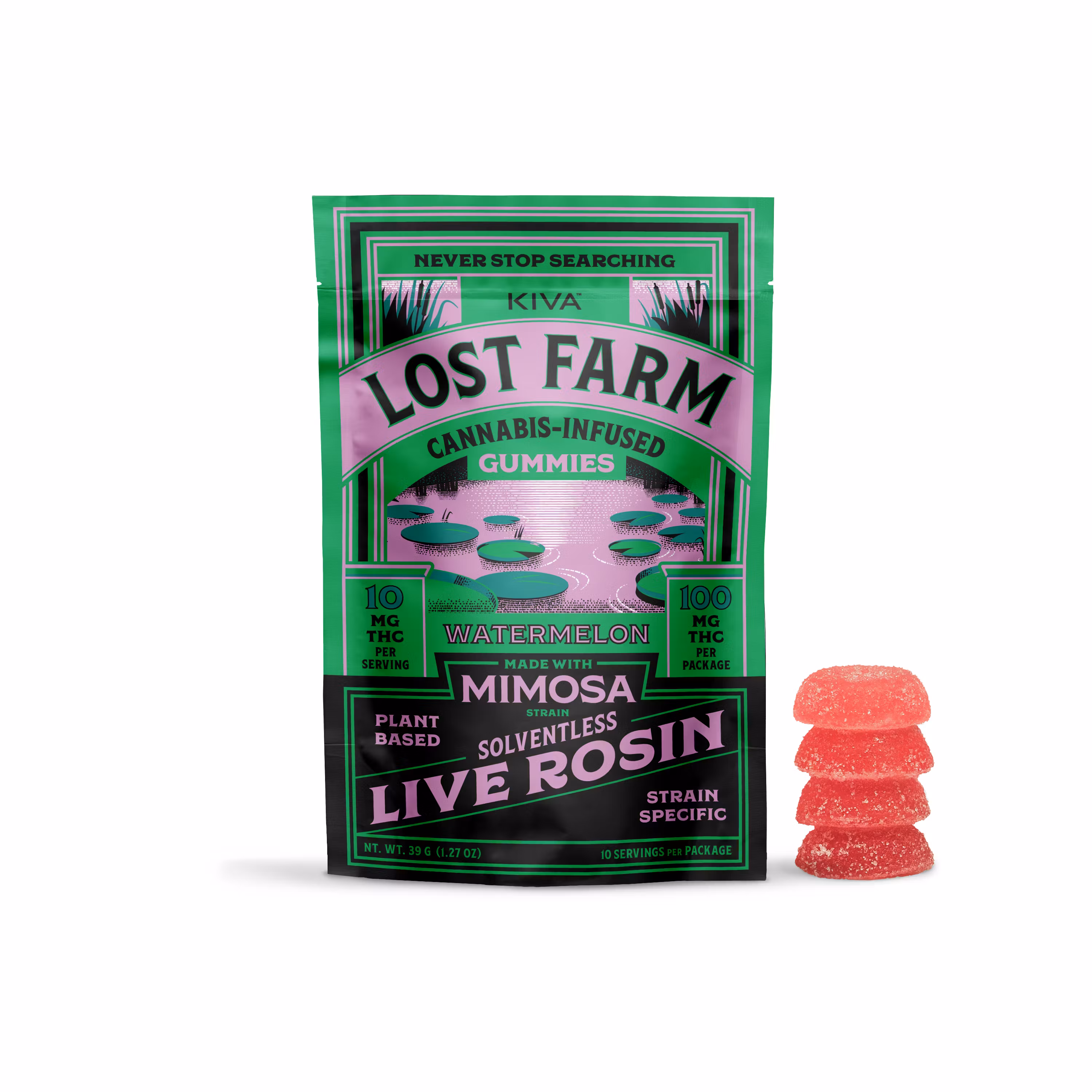 Photograph of product: Kiva Lost Farm Watermelon (S) Live Rosin Gummies 10mg 10pk
