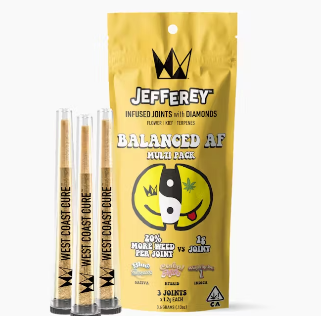 Photograph of product: West Coast Cure Jefferey Balanced AF Infused Preroll 3pk 3.6g