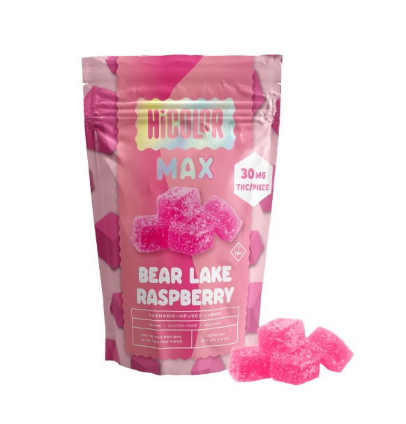 Photograph of product: HiColor. | Bear Lake Raspberry Max (H) | 30mg x 10ct Chews