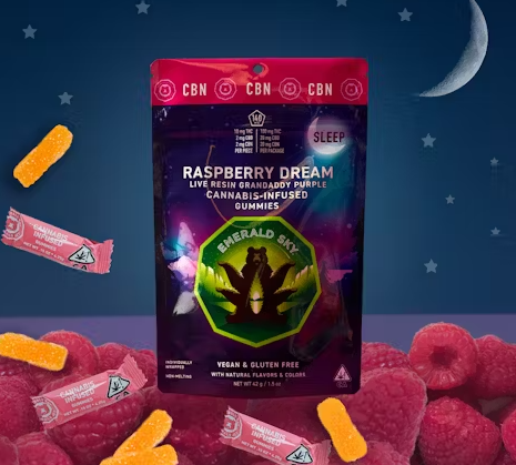Photograph of product: Emerald Sky Raspberry Dream Live Resin Sleep Gummies 10mgTH-oui:2mgCBD:2mgCBN 10PK 100mgTH-oui:20mgCBD:20mgCBN