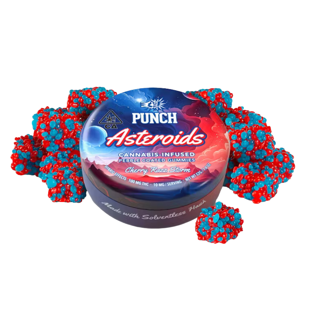 Photograph of product: CHERRY RAZZ STORM SOLVENTLESS PEBBLE COATED GUMMY ASTEROIDS
