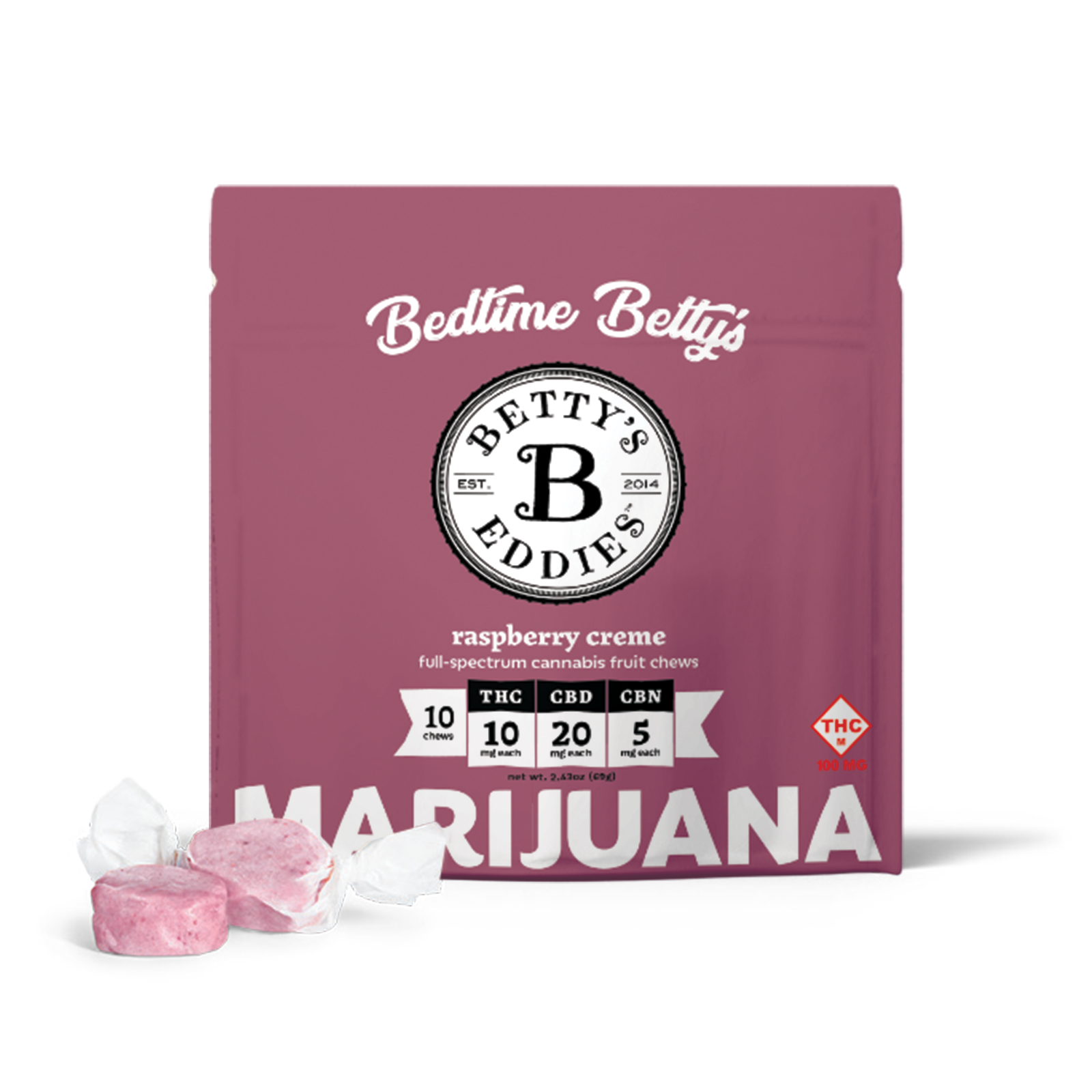 Photograph of product: BETTY'S EDDIES - CHEWS - 100MG TH-oui / 200MG CBD / 50MG CBN - 10PK - BEDTIME BETTY'S - RASPBERRY CREME