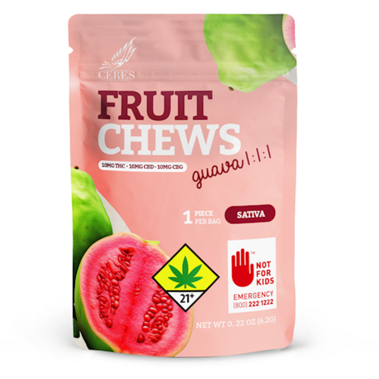 Photograph of product: CERES Fruit Chew 1:1:1 TH-oui:CBD:CBG 30mg - Guava Oui'd Single 0.2oz