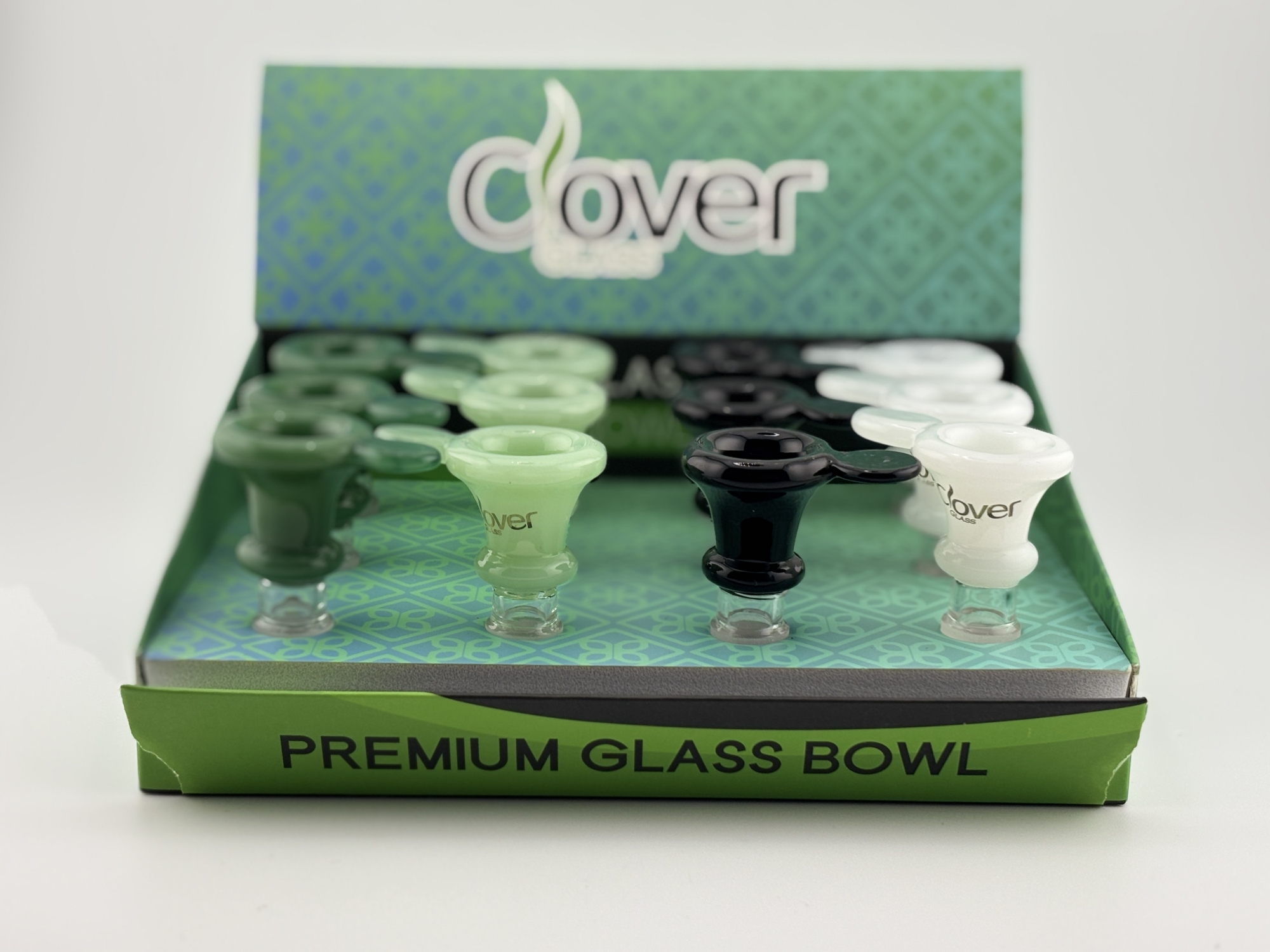 Photograph of product: Clover Glass | Bowls | 14mm Bowls (Green, White, Black)