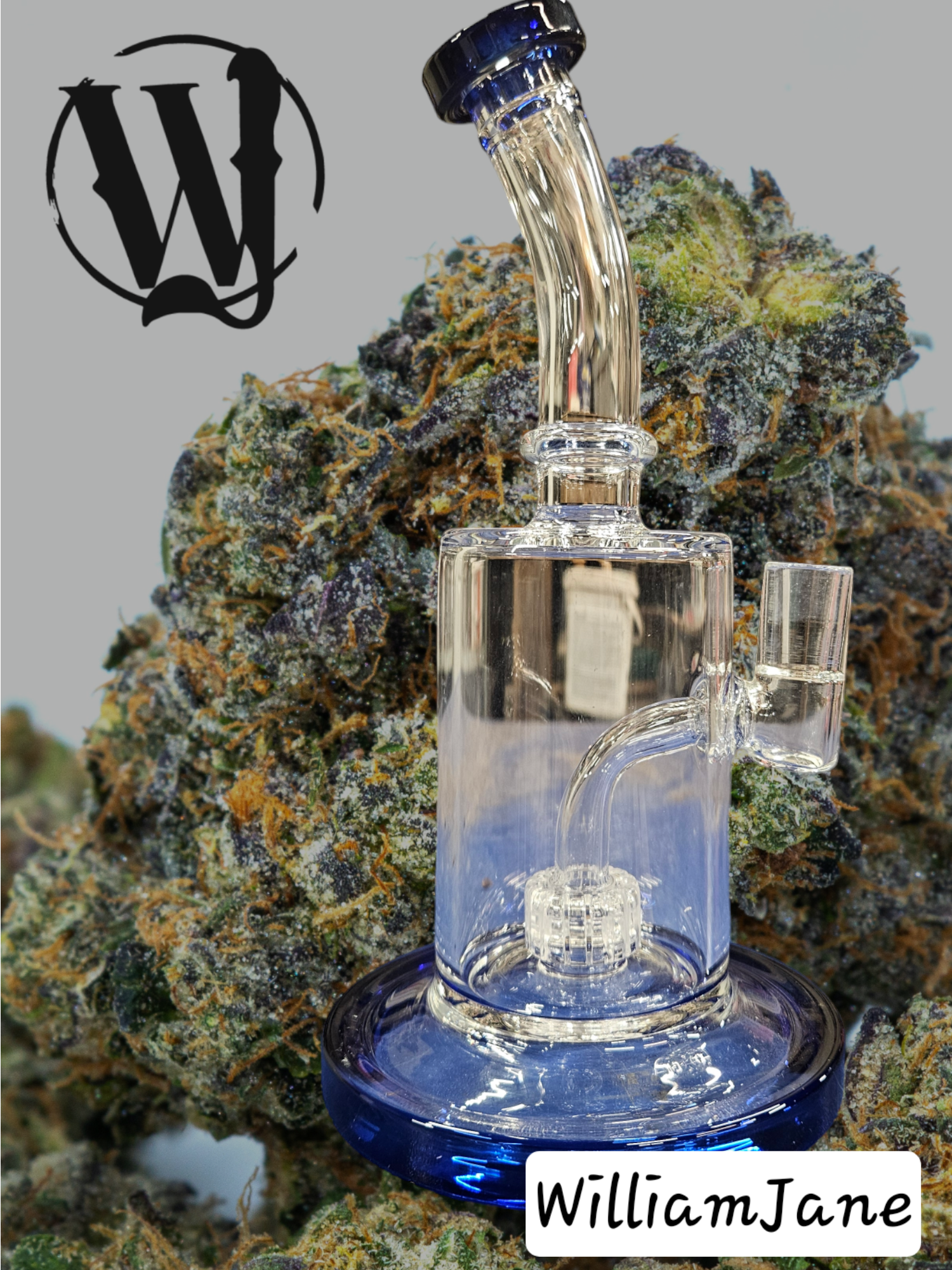 Photograph of product: Blue Pinky Ring Bent Neck Cup Water Bong