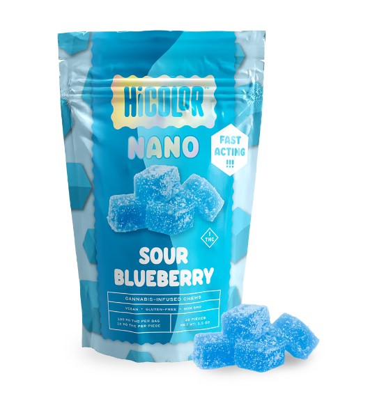 Photograph of product: HiColor. | Sour Blueberry (H) | 10mg x 10ct Nano Chews