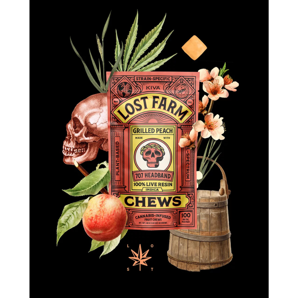 Photograph of product: Kiva | Lost Farm Grilled Peach Live Resin (707 Headband) Fruit Chew 10pk | 100mg