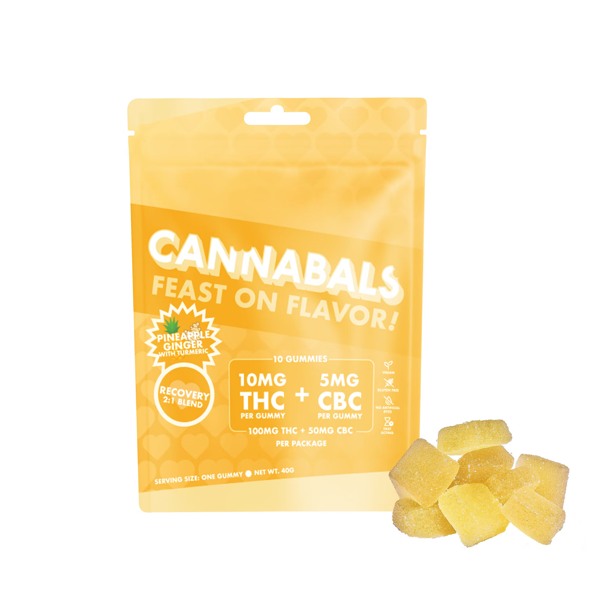 Photograph of product: Cannabals | Pineapple Ginger w/ Turmeric | 2:1 TH-oui/CBC Recovery Gummies