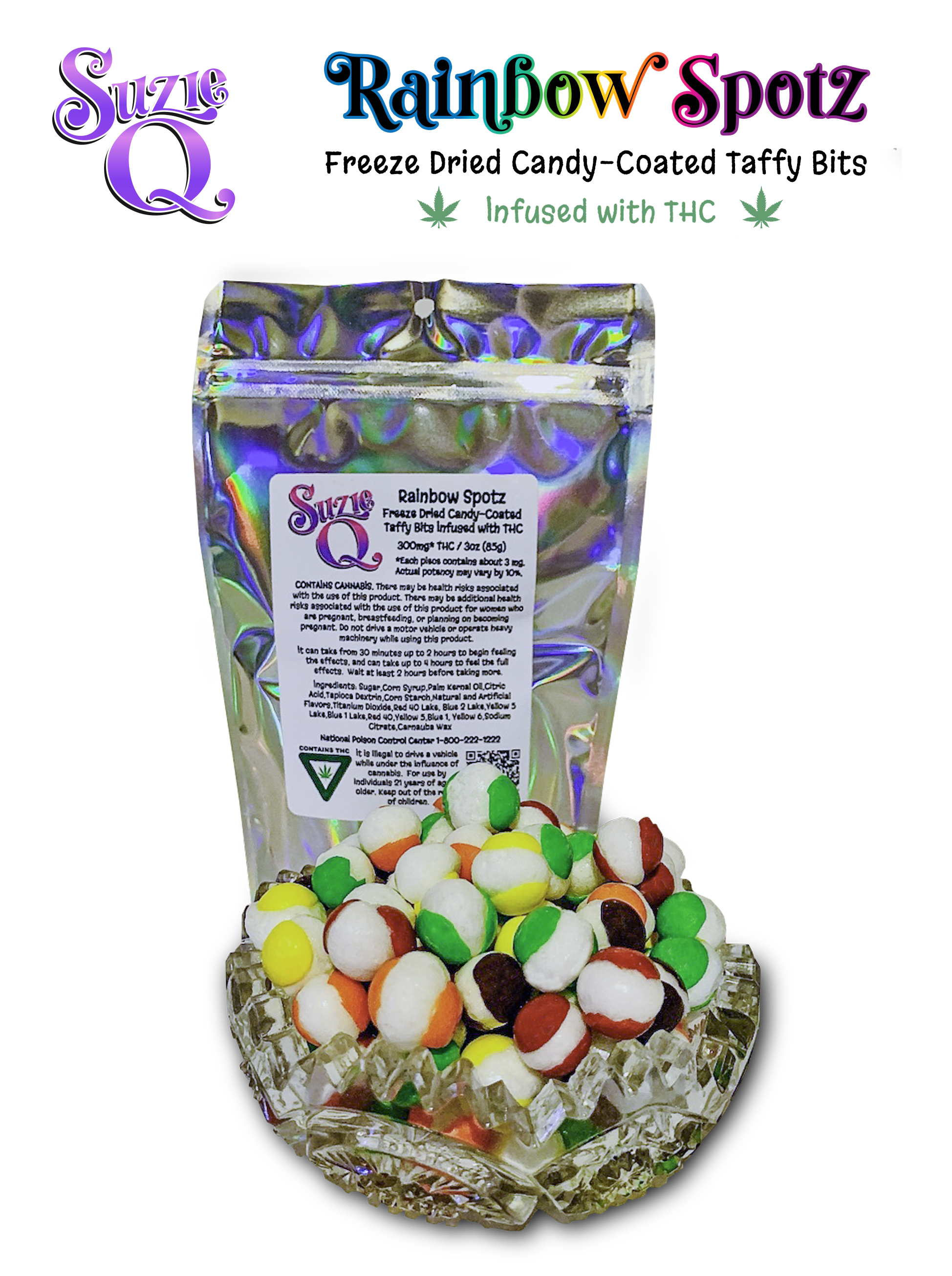 Photograph of product: Candied Rainbow Spotz | Freeze Dried Taffy Bits | 300mg
