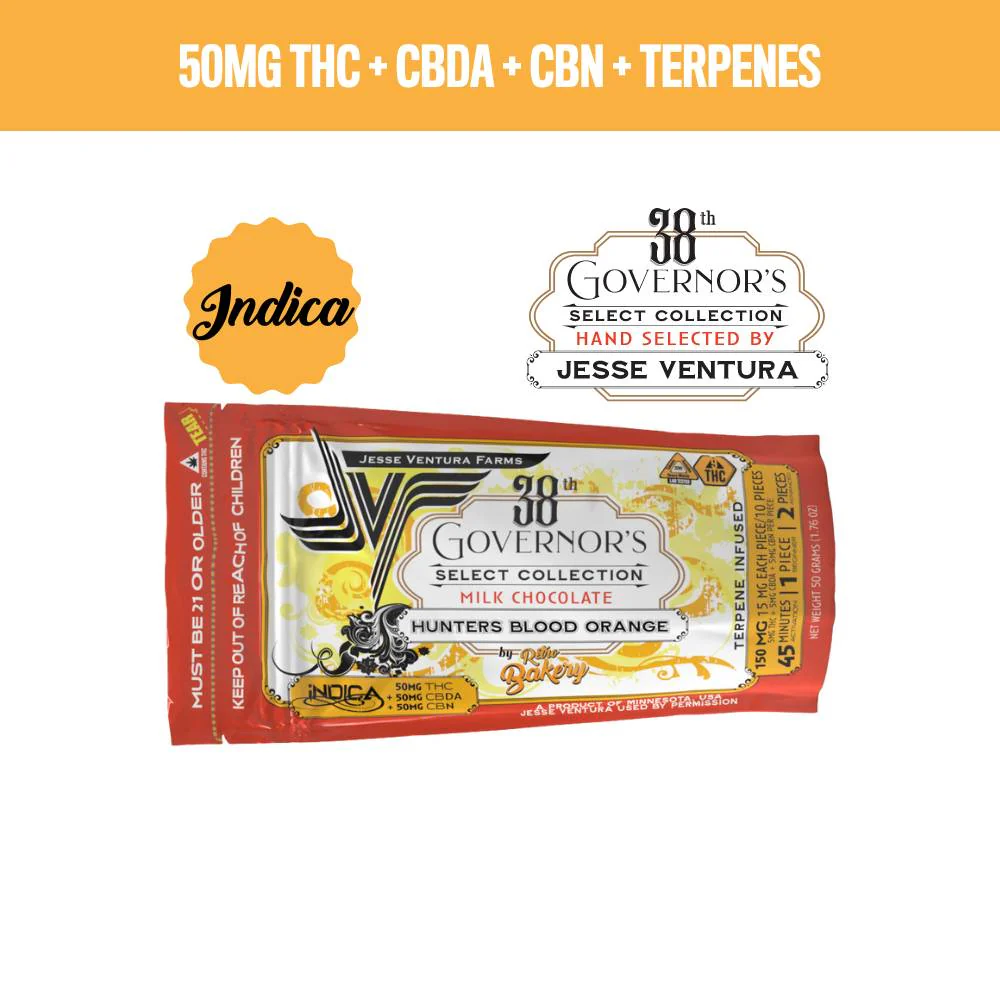 Photograph of product: Jesse Ventura Farms - Hunters Blood Orange Oui'd Chocolate Bar - 50mg TH-oui + 50mg CBDA + 50mg CBN