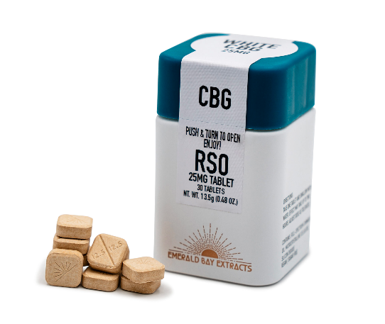 Photograph of product: Emerald Bay Extracts | White CBG | 25mg : 40pk | RSO Full Spectrum Tablets | 1000mg