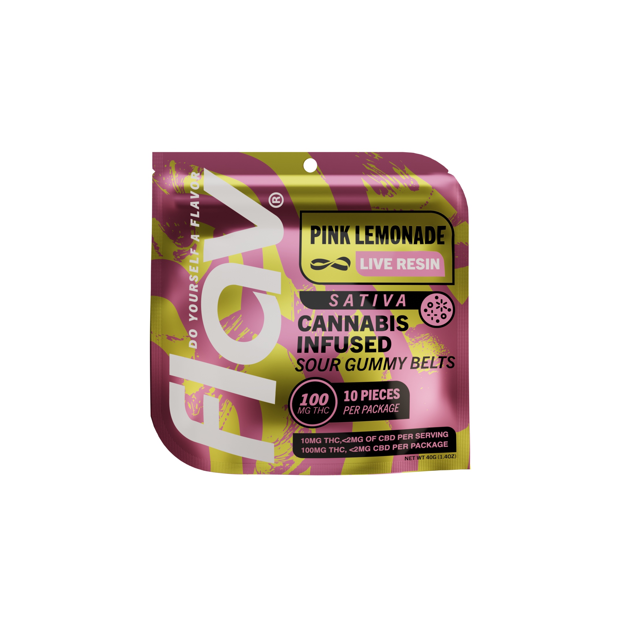 Photograph of product: FLAV / PINK LEMONADE / Oui'd / 100MG LIVE RESIN GUMMY BELTS