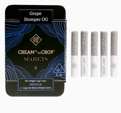 Photograph of product: Cream of the Crop Grape Stomper OG Oui'd Live Resin Infused Pre-Rolls 0.5Gx5PK