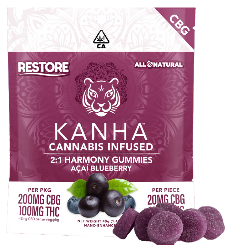 Photograph of product: Restore Acai Blueberry 2:1 CBG:THC Gummies | 40G 100MG 10PK