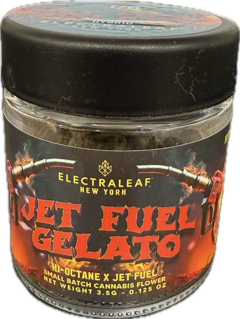Photograph of product: Electraleaf | Flower | Jar | Jet Fuel Gelato | 3.5g | Hybrid | 26.54% TH-oui