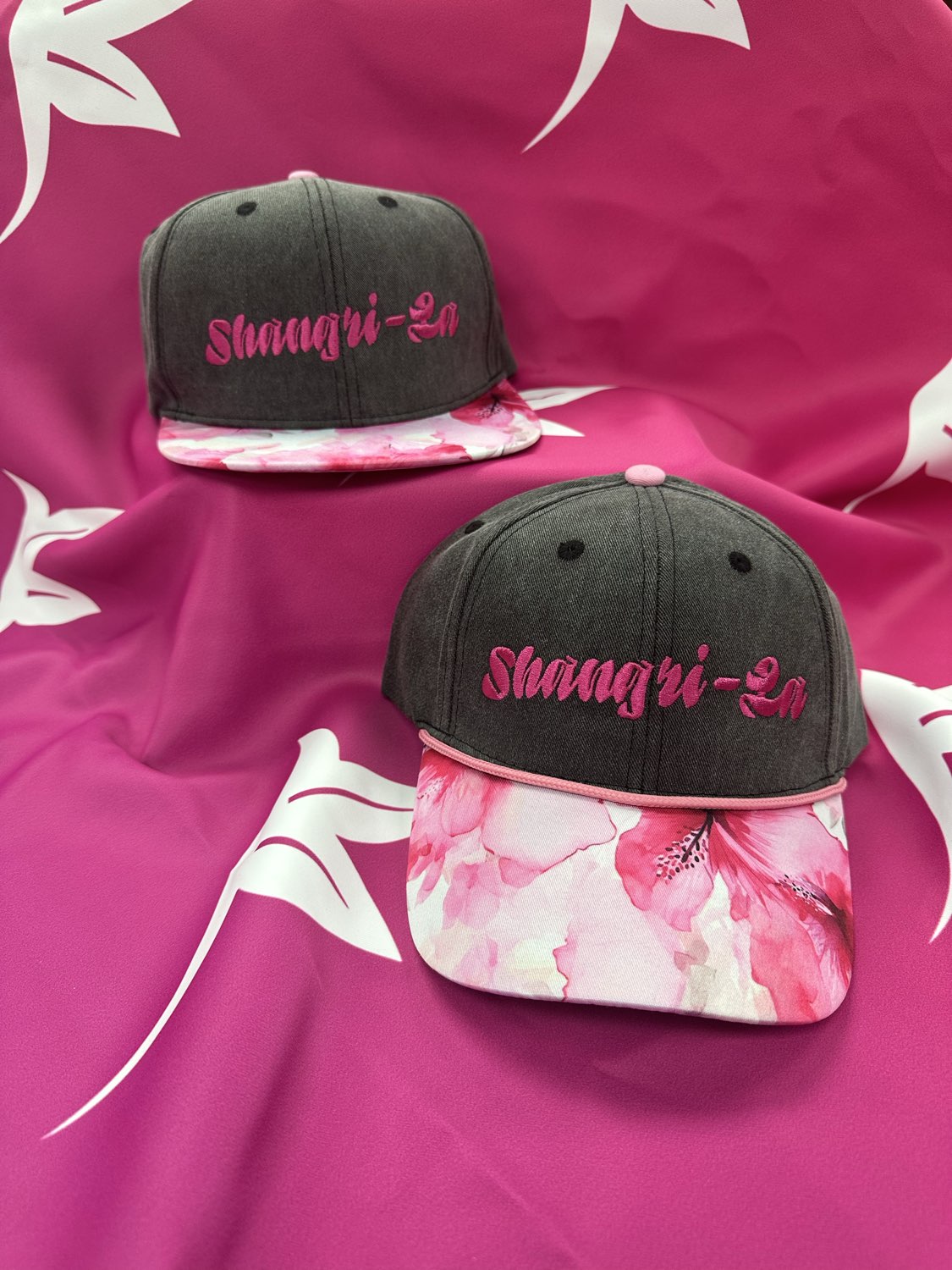 Photograph of product: Shangri-La Charcoal with Pink Watercolor Bill Dad Hat