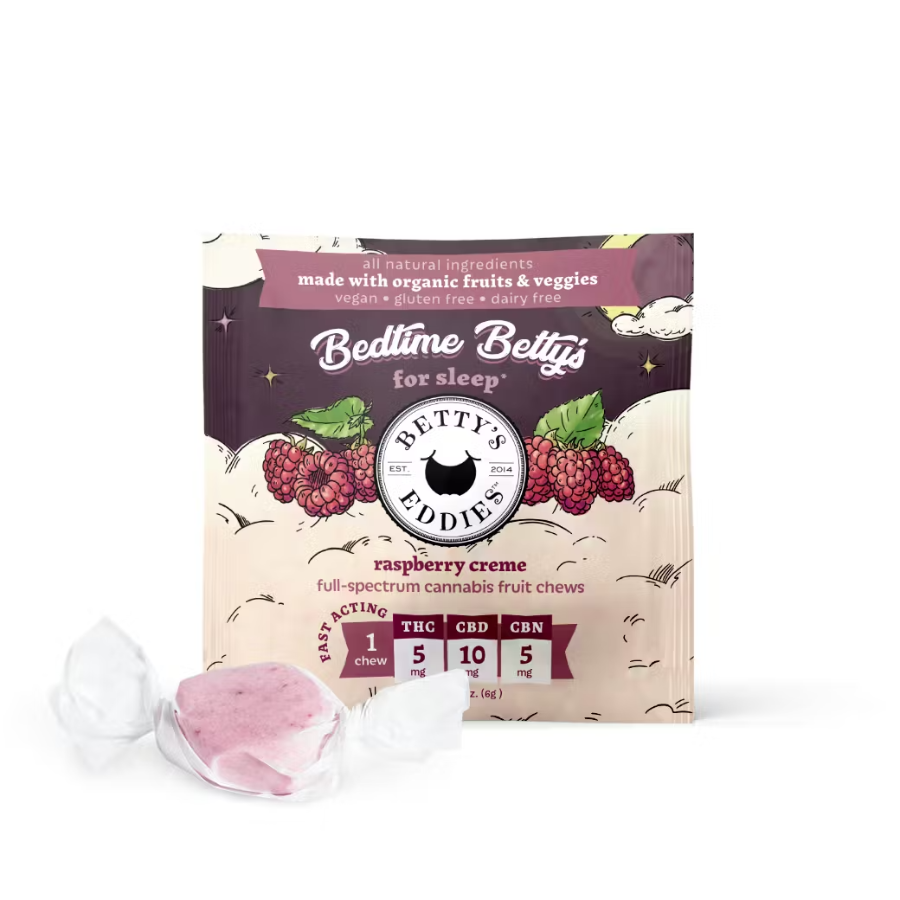 Photograph of product: Betty's Eddies | Oui'd Bedtime Raspberry Creme TH-oui:CBD:CBN Fruit Chews | 10 Servings