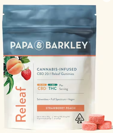 Photograph of product: 20pk 20:1 Strawberry Peach Releaf Gummies - Papa & Barkley