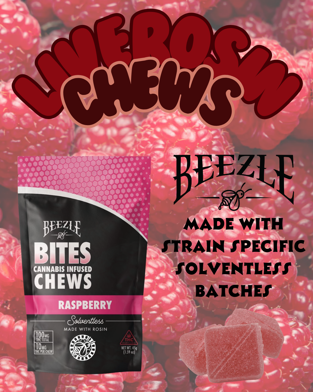Photograph of product: Beezle Bites Live Rosin Gummies (100mg) Raspberry 10ct