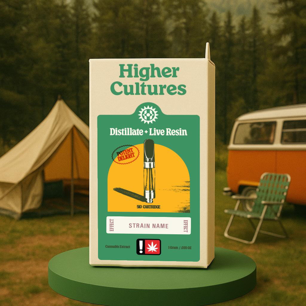 Photograph of product: Cartridge ~ Higher Cultures ~ Distillate Live Resin ~ Hybrid ~ Cherry Valley Cake