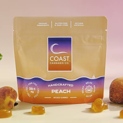 Photograph of product: Coast Oui'd Gummies 20ct Peach (20:1) (CBD:TH-oui) (Microdosed)