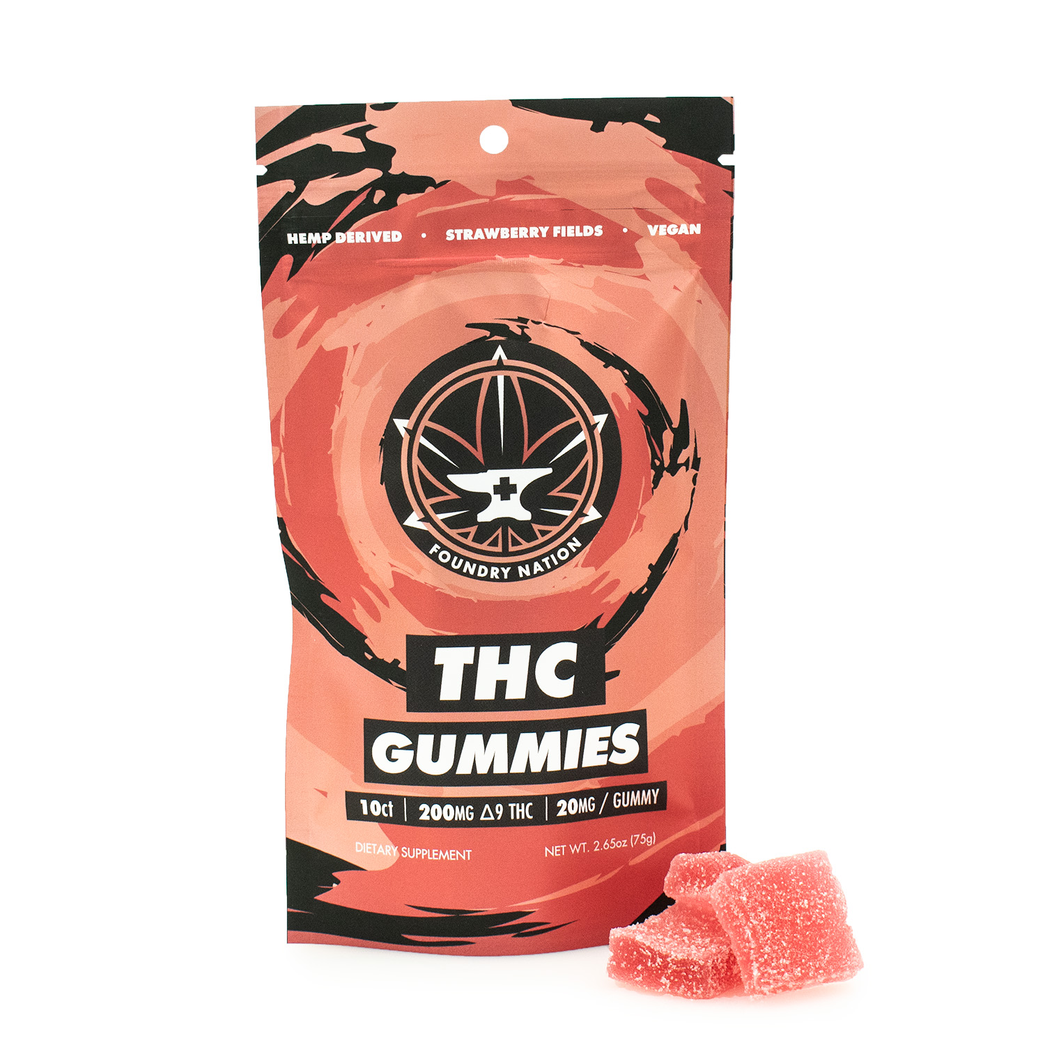 Photograph of product: Foundry Nation - 20mg TH-oui Gummies - Strawberry Fields - 10ct