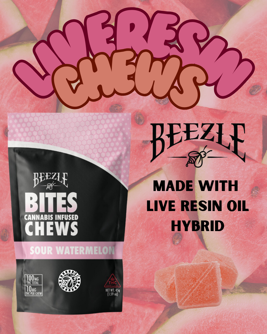 Photograph of product: Beezle Bites Gummies (100mg) Sour Watermelon 10ct