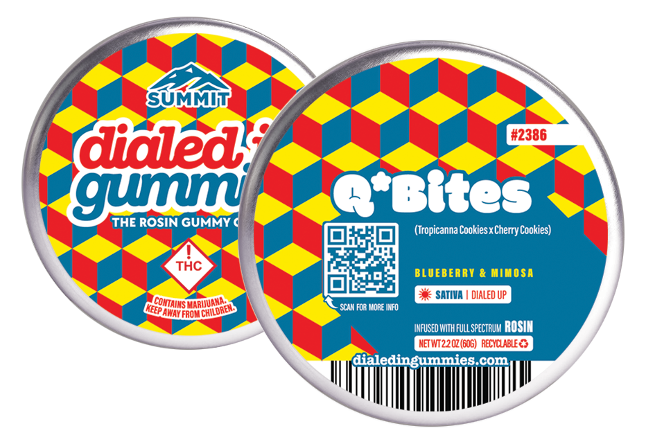 Photograph of product: Dialed In...Gummies (S) Q'Bites Batch #2386 Blueberry/Mimosa Live Rosin Gummies 100mg