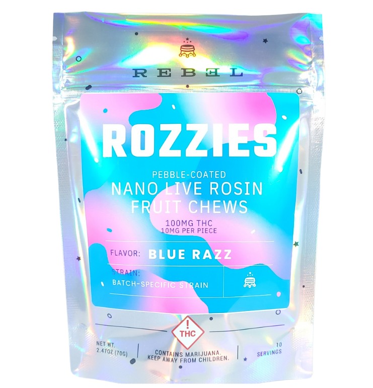 Photograph of product: Rebel - Rozzies Blue Razzie Rosin Chews - 100mg