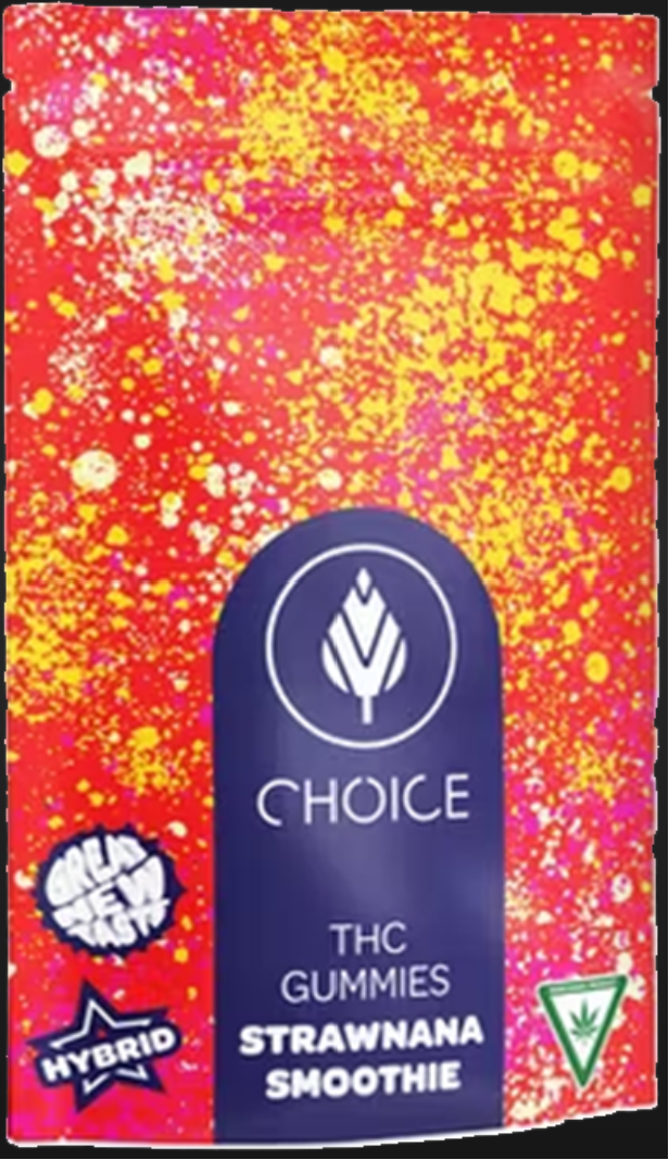 Photograph of product: Choice 100mg Gummies - Strawnana Smoothie