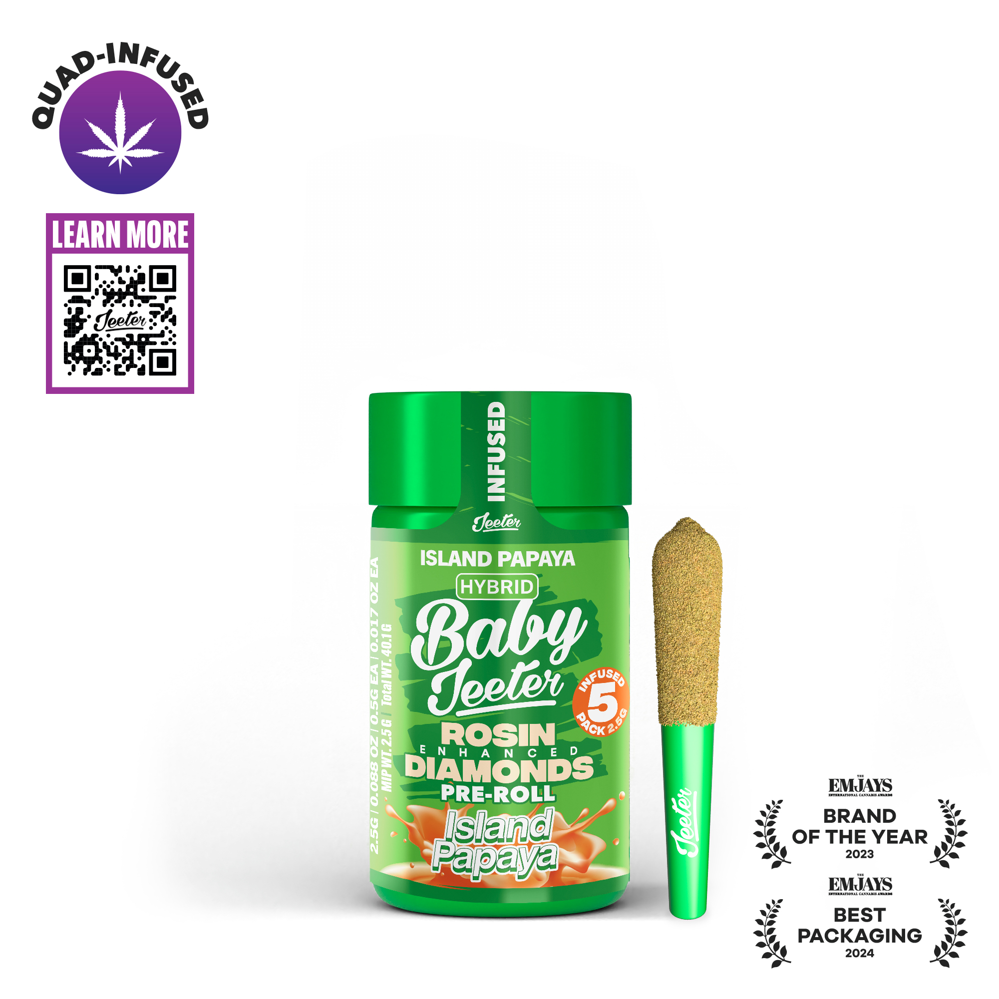 Photograph of instaPanelPhoto: Jeeter - Quad Infused Baby Prerolls 5pk - Island Papaya (H)