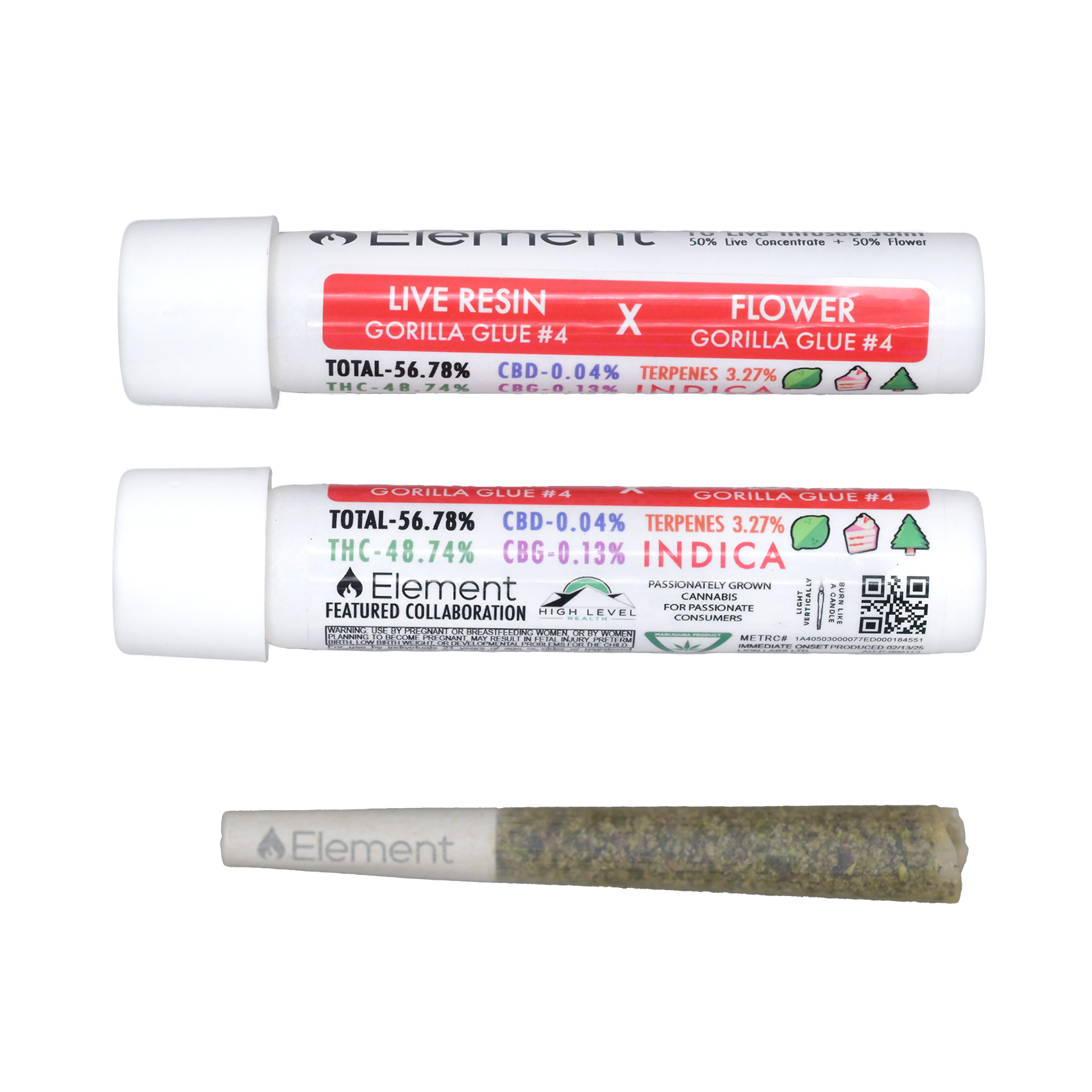 Photograph of product: Gorilla Glue #4 Live Resin Infused Pre-Roll | Element feat. High Level Health | 1g (3/$40)
