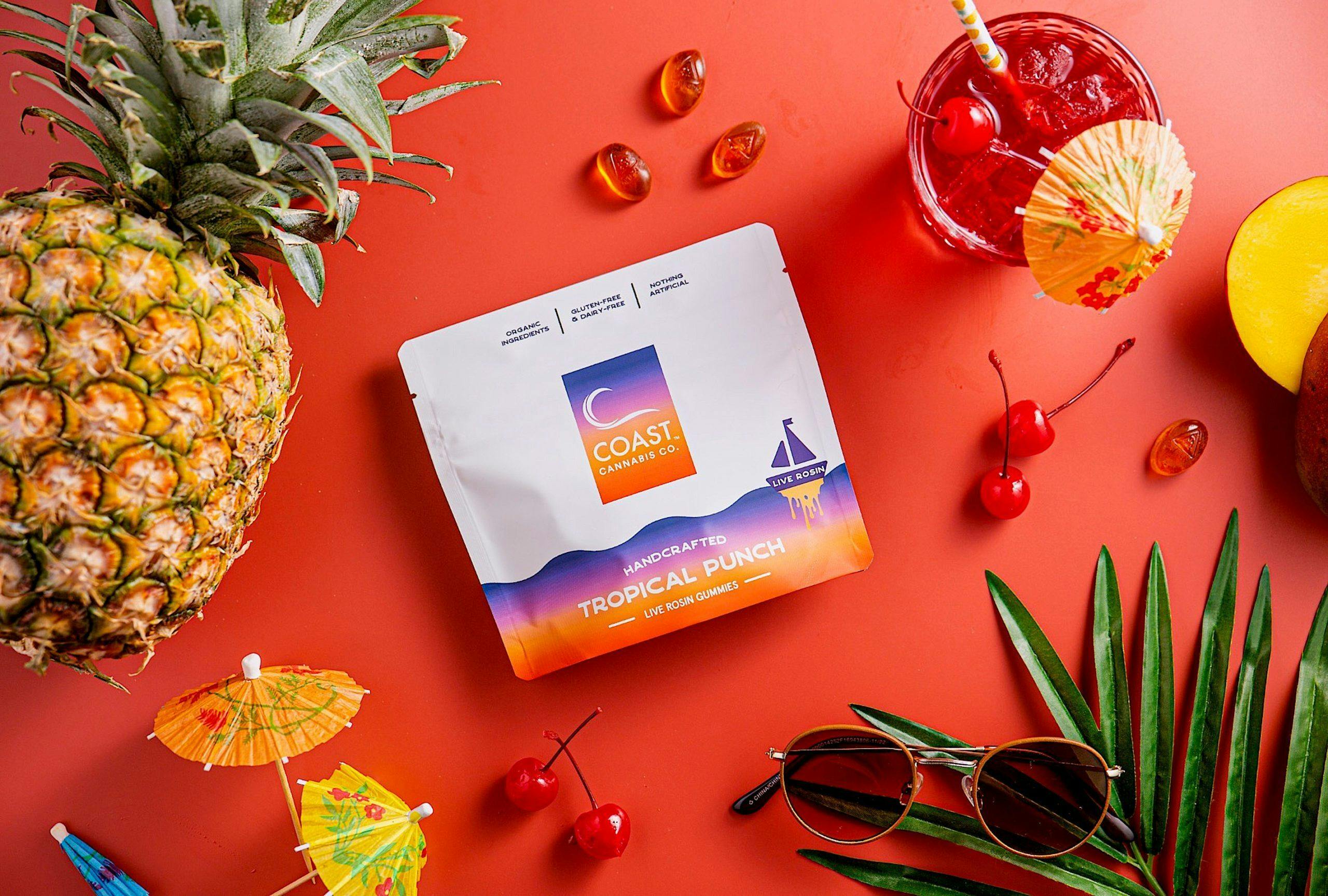 Photograph of product: Coast I Tropical Punch Live Rosin (H) 20pk 5mg Gummies