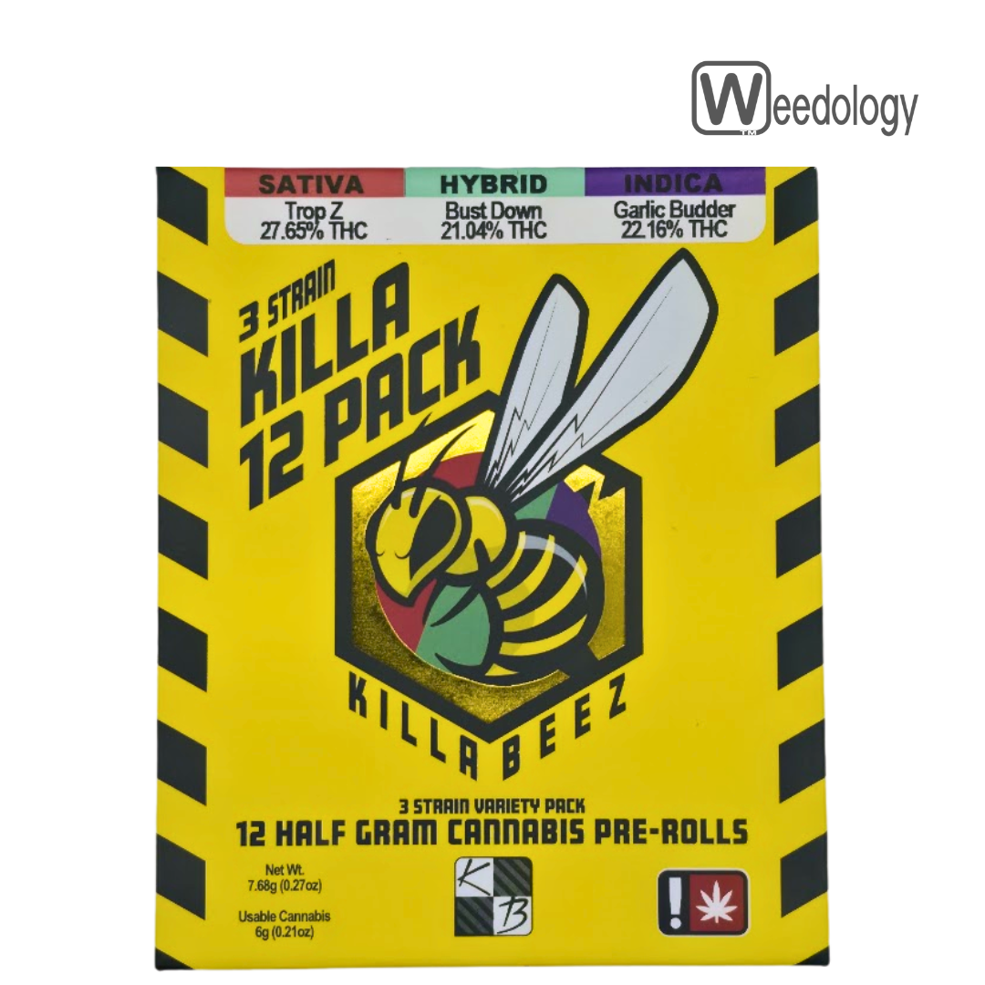 Photograph of product: Killa Beez 12pk TROP Z(S)/BUST DOWN(H)/GARLIC BUDDER(I) 0.5g Pre-Rolls