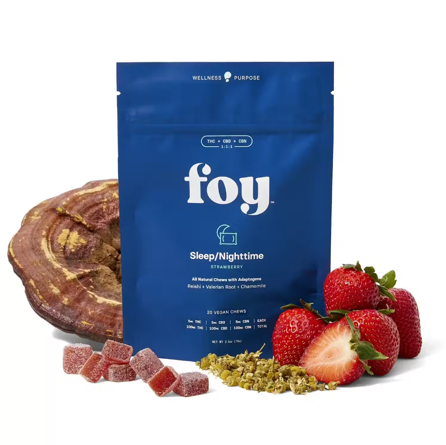 Photograph of product: FOY Strawberry Nighttime Gummies 1:1:1 (TH-oui:CBD:CBN) 5mg 4PK