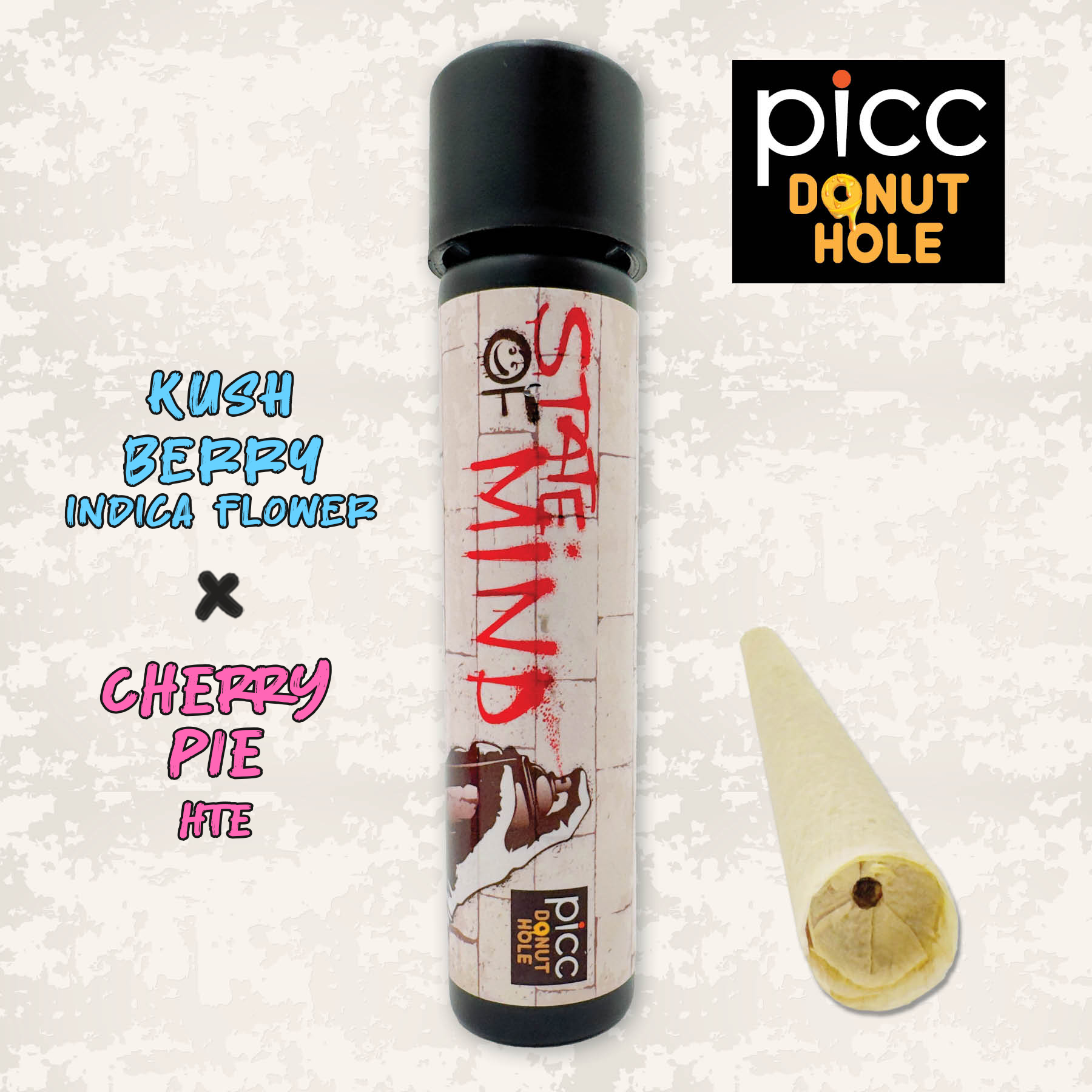 Photograph of Product: Picc x STATE OF MIND | Kush Berry x Cherry Pie HTE Donut Hole | Infused Pre-Roll | 1g