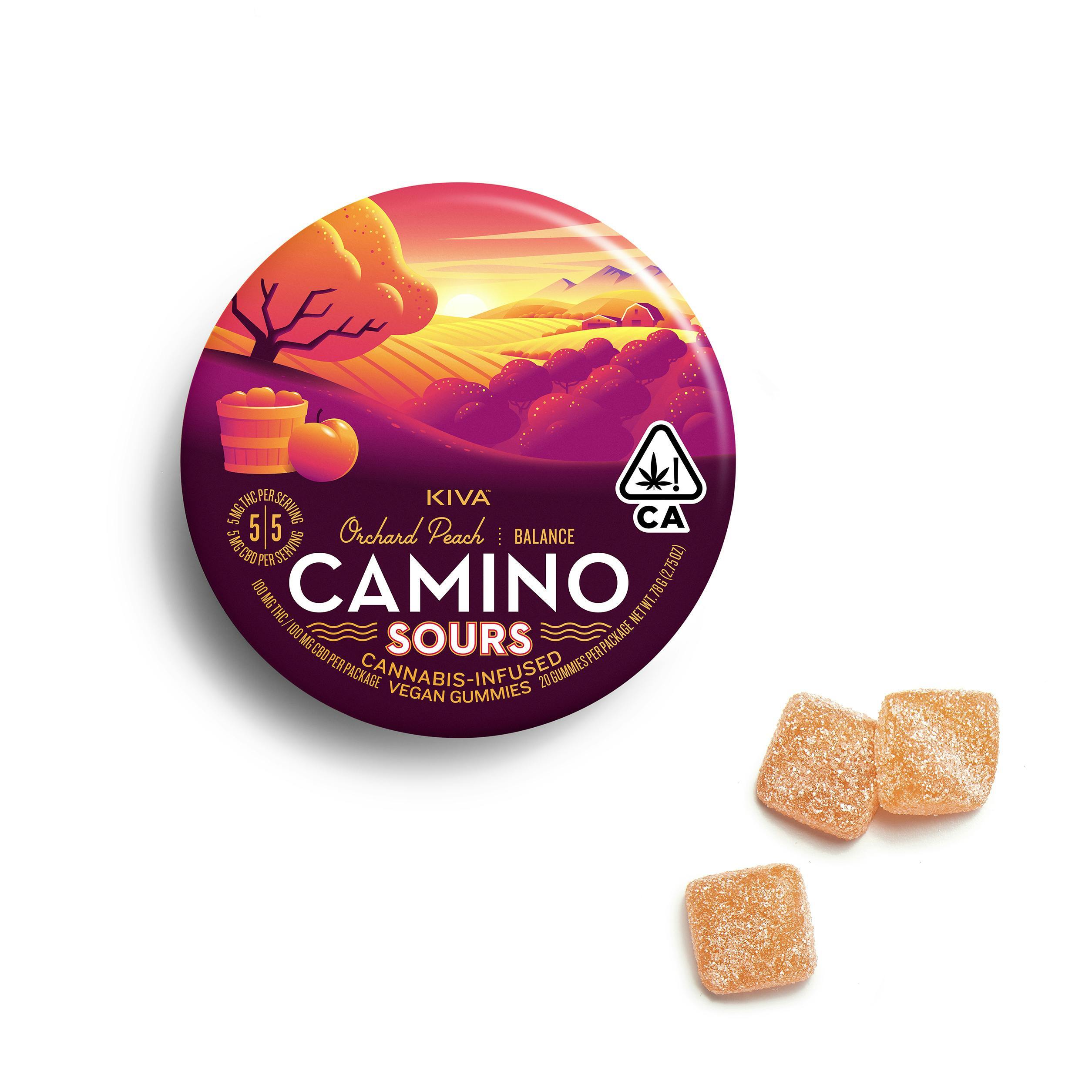 Photograph of product: Camino - Sours - Balance - Orchard Peach - Gummy - 1:1 TH-oui/CBD - 10ct - 100mg