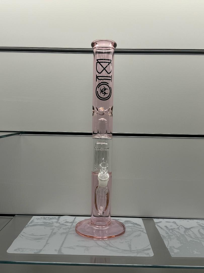 Photograph of product: BIO Glass Single Chamber 10-Arm Tree Percolator + Splash Guard Straight Water Pipe 18" - Pink