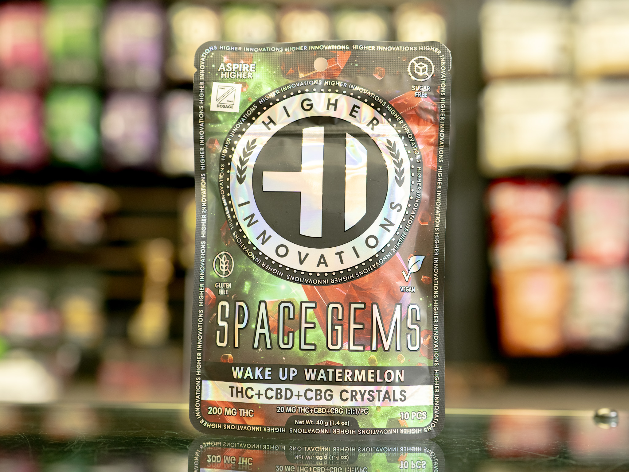 Photograph of product: Higher Innovations | Wake Up Watermelon Space Gems | 1:1:1 TH-oui:CBD:CBG 10pc Hard Candy
