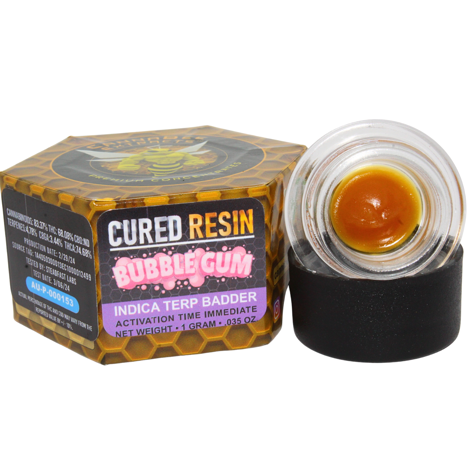 Photograph of product: CANNABEE EXTRACTS BUBBLE GUM CR TERP BADDER REC
