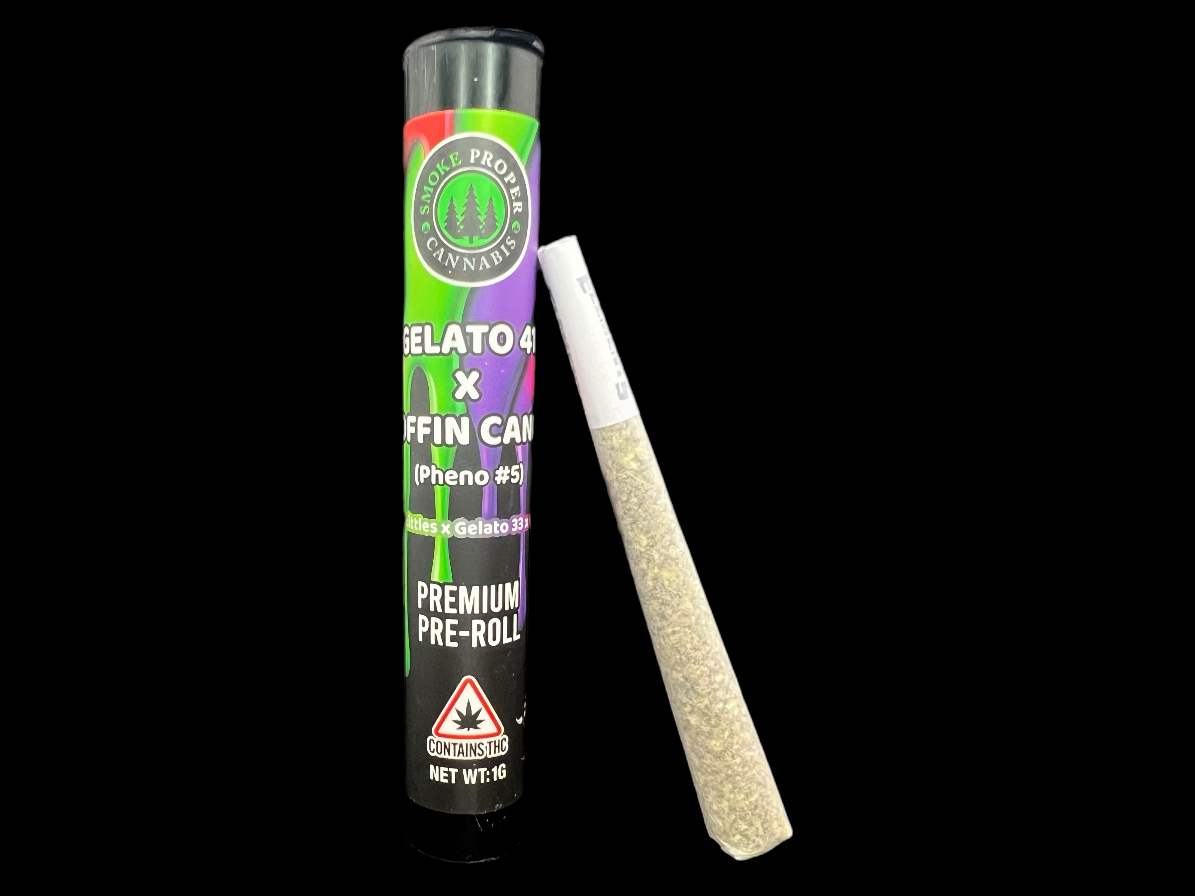 Photograph of product: Smoke Proper: Gelato 41 x Coffin Candy Pre-roll