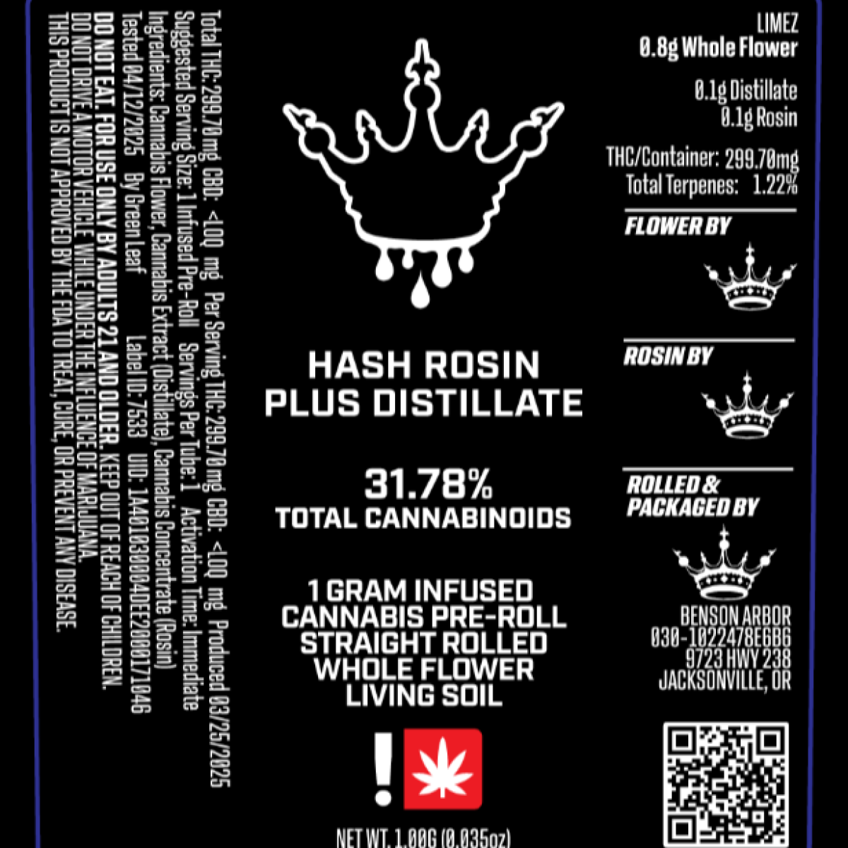 Photograph of product: Pre Roll - Benson Arbor - Black Crown - Limez