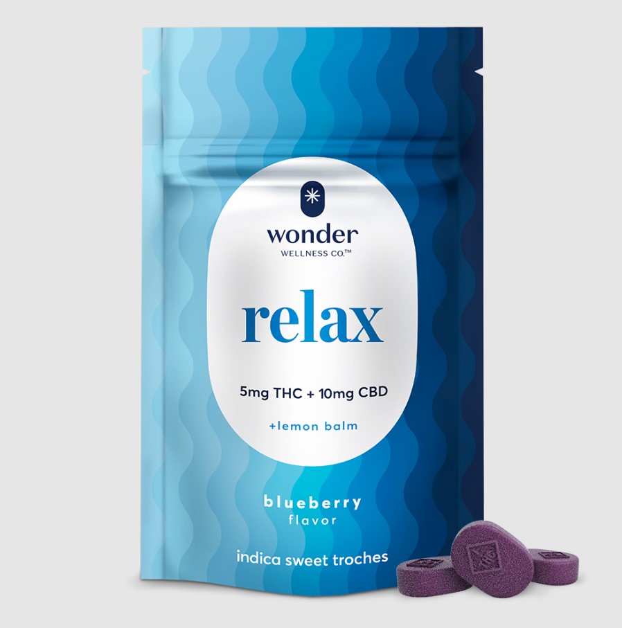 Photograph of product: Relax Sweet Troches Blueberry | 5mg TH-oui/ 10mg CBD/ 20pk (100mg TH-oui/ 200mg CBD)