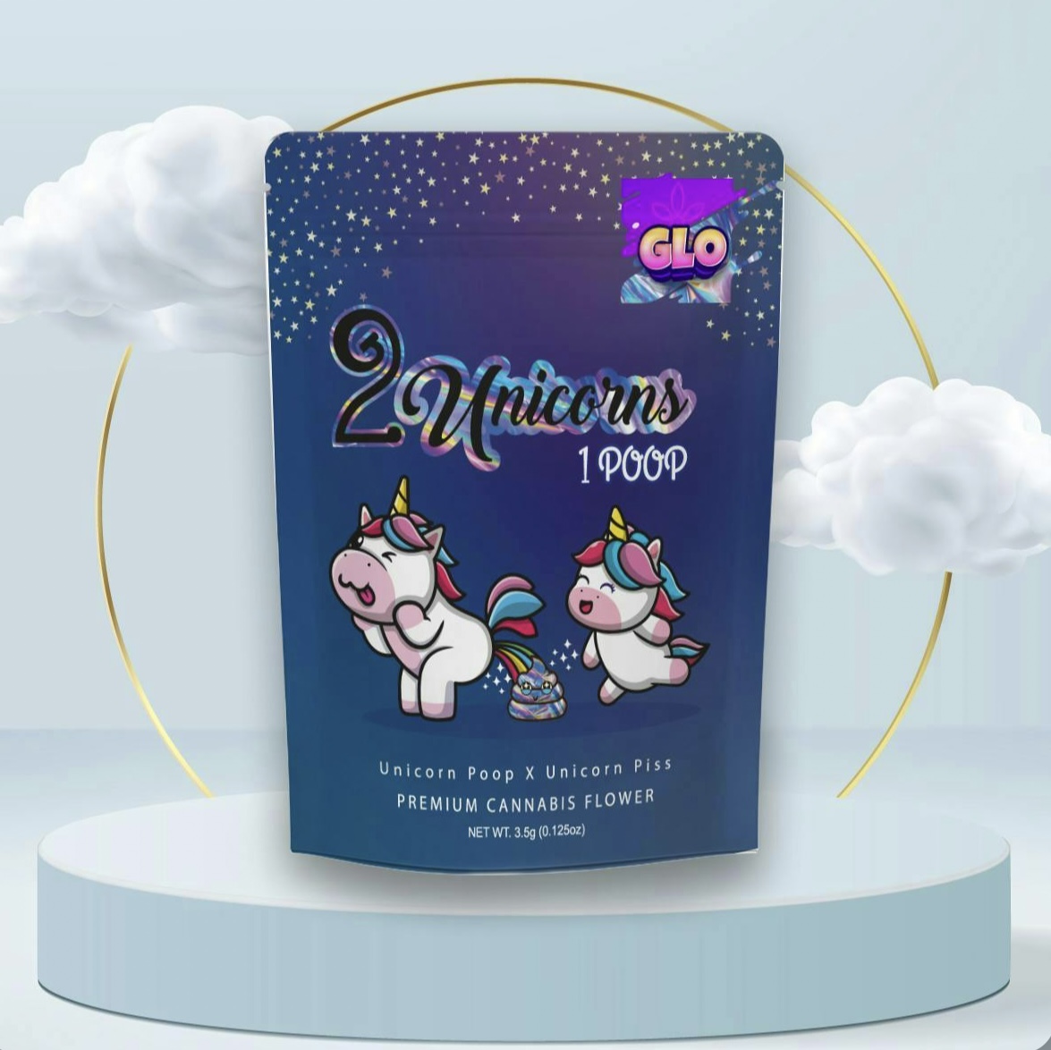 Photograph of product: GLO: 2 Unicorns 1 Poop 3.5G Prepackaged Flower