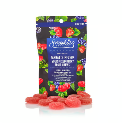Photograph of product: SMOKIEZ - GUMMIES - 100MG TH-oui / 100MG CBN - 10PK - SOUR MIXED BERRY 1:1 - Oui'd